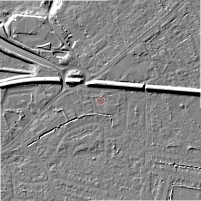 Shaded relief map of the ground around SK82JY, computed from Environment Agency LiDAR. The ground here sits at about 45 m above sea level and falls 15 m across the surrounding 800 m. Surface water reaching this point runs off ground lying to the north-east, 7.0 m higher.