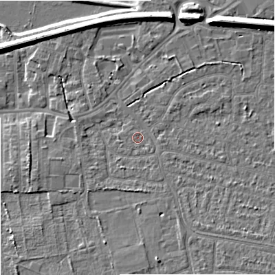 Shaded relief map of the ground around SK82LD, computed from Environment Agency LiDAR. The ground here sits at about 45 m above sea level and falls 11 m across the surrounding 800 m. Surface water reaching this point runs off ground lying to the south-east, 2.7 m higher.