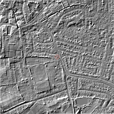 Shaded relief map of the ground around SK82LE, computed from Environment Agency LiDAR. The ground here sits at about 46 m above sea level and falls 9 m across the surrounding 800 m. Surface water reaching this point runs off ground lying to the south-south-east, 3.8 m higher.