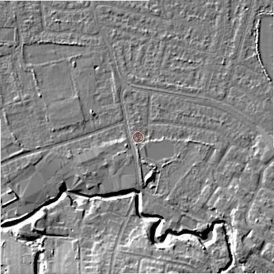 Shaded relief map of the ground around SK82LF, computed from Environment Agency LiDAR. The ground here sits at about 47 m above sea level and falls 11 m across the surrounding 800 m. Surface water reaching this point runs off ground lying to the south-east, 3.7 m higher.