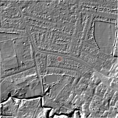 Shaded relief map of the ground around SK82LG, computed from Environment Agency LiDAR. The ground here sits at about 47 m above sea level and falls 10 m across the surrounding 800 m. Surface water reaching this point runs off ground lying to the east-south-east, 2.8 m higher.