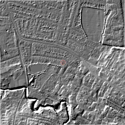 Shaded relief map of the ground around SK82LH, computed from Environment Agency LiDAR. The ground here sits at about 48 m above sea level and falls 11 m across the surrounding 800 m. Surface water reaching this point runs off ground lying to the east-south-east, 7.5 m higher.