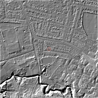 Shaded relief map of the ground around SK82LQ, computed from Environment Agency LiDAR. The ground here sits at about 47 m above sea level and falls 11 m across the surrounding 800 m. Surface water reaching this point runs off ground lying to the south-east, 6.1 m higher.