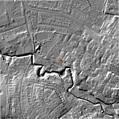 Shaded relief map of the ground around SK82NG, computed from Environment Agency LiDAR. The ground here sits at about 49 m above sea level and falls 13 m across the surrounding 800 m. Surface water reaching this point runs off ground lying to the east, 1.9 m higher.
