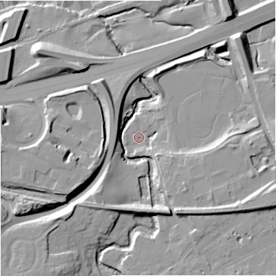 Shaded relief map of the ground around SK82NN, computed from Environment Agency LiDAR. The ground here sits at about 35 m above sea level and falls 19 m across the surrounding 800 m. Surface water reaching this point runs off ground lying to the east-south-east, 17.3 m higher.