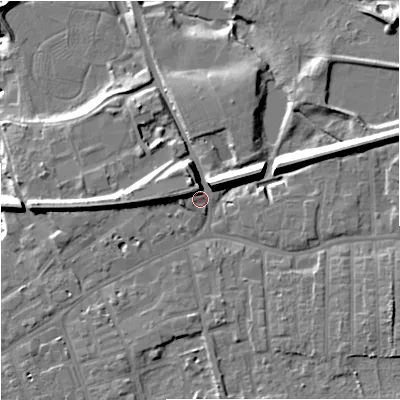 Shaded relief map of the ground around SK82NP, computed from Environment Agency LiDAR. The ground here sits at about 43 m above sea level and falls 18 m across the surrounding 800 m. Surface water reaching this point runs off ground lying to the north, 6.3 m higher.