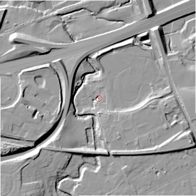 Shaded relief map of the ground around SK82NT, computed from Environment Agency LiDAR. The ground here sits at about 34 m above sea level and falls 20 m across the surrounding 800 m. Surface water reaching this point runs off ground lying to the south-east, 14.6 m higher.