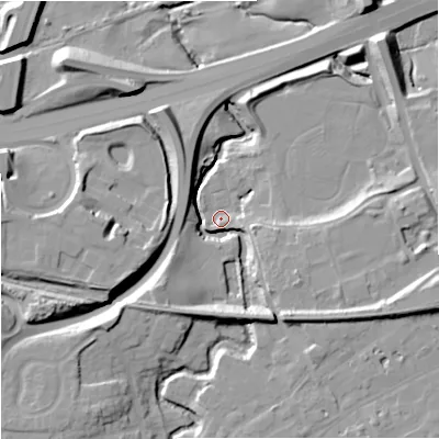 Shaded relief map of the ground around SK82NW, computed from Environment Agency LiDAR. The ground here sits at about 36 m above sea level and falls 18 m across the surrounding 800 m. Surface water reaching this point runs off ground lying to the south-east, 14.6 m higher.