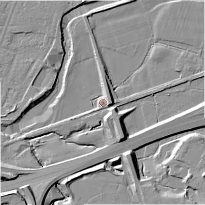 Shaded relief map of the ground around SK82NZ, computed from Environment Agency LiDAR. The ground here sits at about 34 m above sea level and falls 14 m across the surrounding 800 m. Surface water reaching this point runs off ground lying to the east-south-east, 8.4 m higher.
