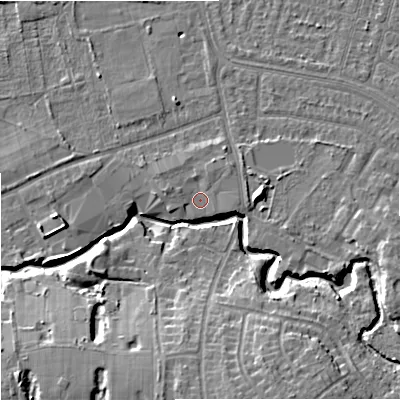 Shaded relief map of the ground around SK82PE, computed from Environment Agency LiDAR. The ground here sits at about 47 m above sea level and falls 14 m across the surrounding 800 m. Surface water reaching this point runs off ground lying to the north-east, 1.8 m higher.