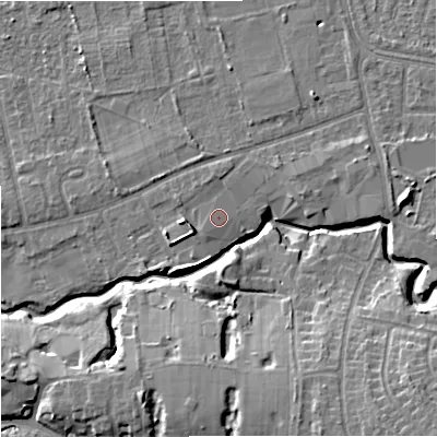 Shaded relief map of the ground around SK82PN, computed from Environment Agency LiDAR. The ground here sits at about 47 m above sea level and falls 14 m across the surrounding 800 m. The ground contributing surface water to this point lies to the north-north-west.