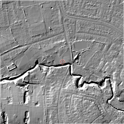 Shaded relief map of the ground around SK82PP, computed from Environment Agency LiDAR. The ground here sits at about 47 m above sea level and falls 14 m across the surrounding 800 m. Surface water reaching this point runs off ground lying to the south-south-east, 12.3 m higher.