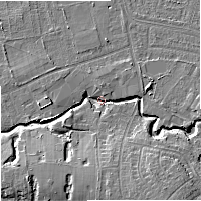 Shaded relief map of the ground around SK82PQ, computed from Environment Agency LiDAR. The ground here sits at about 45 m above sea level and falls 14 m across the surrounding 800 m. Surface water reaching this point runs off ground lying to the south-east, 12.4 m higher.