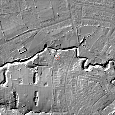 Shaded relief map of the ground around SK82PS, computed from Environment Agency LiDAR. The ground here sits at about 48 m above sea level and falls 14 m across the surrounding 800 m. Surface water reaching this point runs off ground lying to the south, 8.4 m higher.