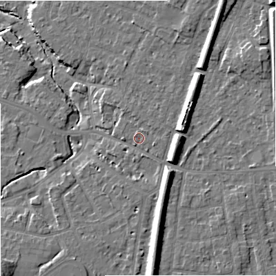 Shaded relief map of the ground around SK84AB, computed from Environment Agency LiDAR. The ground here sits at about 39 m above sea level and falls 16 m across the surrounding 800 m. Surface water reaching this point runs off ground lying to the north-east, 0.9 m higher.