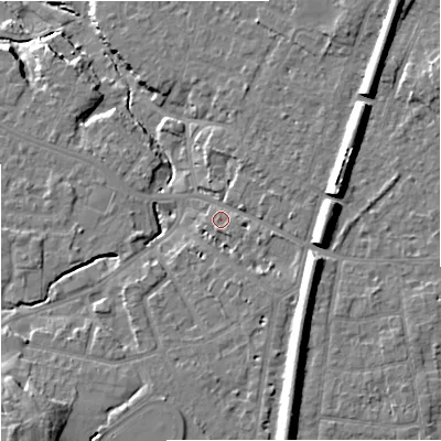 Shaded relief map of the ground around SK84BB, computed from Environment Agency LiDAR. The ground here sits at about 39 m above sea level and falls 19 m across the surrounding 800 m. Surface water reaching this point runs off ground lying to the east-north-east, 7.4 m higher.