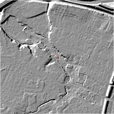 Shaded relief map of the ground around SK84BG, computed from Environment Agency LiDAR. The ground here sits at about 35 m above sea level and falls 19 m across the surrounding 800 m. Surface water reaching this point runs off ground lying to the east-south-east, 11.7 m higher.
