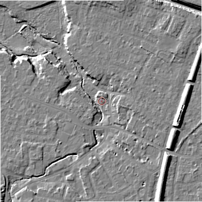 Shaded relief map of the ground around SK84DG, computed from Environment Agency LiDAR. The ground here sits at about 37 m above sea level and falls 16 m across the surrounding 800 m. Surface water reaching this point runs off ground lying to the east-south-east, 10.7 m higher.