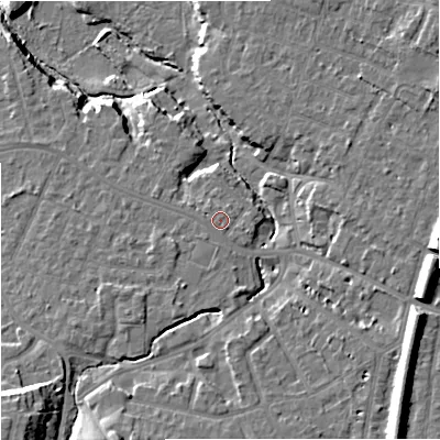 Shaded relief map of the ground around SK84DN, computed from Environment Agency LiDAR. The ground here sits at about 39 m above sea level and falls 18 m across the surrounding 800 m. Surface water reaching this point runs off ground lying to the south-south-east, 0.8 m higher.