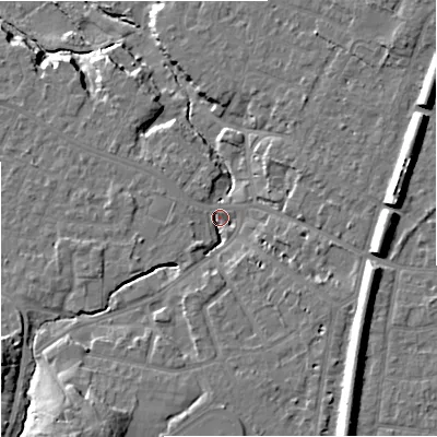 Shaded relief map of the ground around SK84EN, computed from Environment Agency LiDAR. The ground here sits at about 37 m above sea level and falls 19 m across the surrounding 800 m. Surface water reaching this point runs off ground lying to the south-south-west, 13.1 m higher.