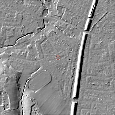 Shaded relief map of the ground around SK84LX, computed from Environment Agency LiDAR. The ground here sits at about 40 m above sea level and falls 18 m across the surrounding 800 m. Surface water reaching this point runs off ground lying to the south-south-west, 10.2 m higher.