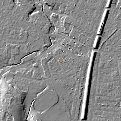 Shaded relief map of the ground around SK84LY, computed from Environment Agency LiDAR. The ground here sits at about 40 m above sea level and falls 16 m across the surrounding 800 m. Surface water reaching this point runs off ground lying to the south-south-west, 9.8 m higher.