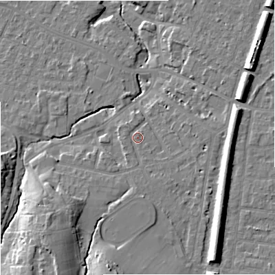 Shaded relief map of the ground around SK84LZ, computed from Environment Agency LiDAR. The ground here sits at about 40 m above sea level and falls 16 m across the surrounding 800 m. Surface water reaching this point runs off ground lying to the south-south-west, 10.3 m higher.