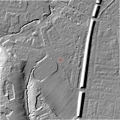 Shaded relief map of the ground around SK84NA, computed from Environment Agency LiDAR. The ground here sits at about 41 m above sea level and falls 18 m across the surrounding 800 m. Surface water reaching this point runs off ground lying to the south-west, 8.9 m higher.