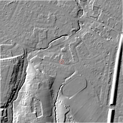 Shaded relief map of the ground around SK84NB, computed from Environment Agency LiDAR. The ground here sits at about 41 m above sea level and falls 18 m across the surrounding 800 m. Surface water reaching this point runs off ground lying to the south-west, 6.7 m higher.
