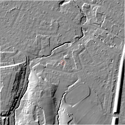 Shaded relief map of the ground around SK84NF, computed from Environment Agency LiDAR. The ground here sits at about 40 m above sea level and falls 17 m across the surrounding 800 m. Surface water reaching this point runs off ground lying to the south-south-west, 7.7 m higher.