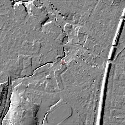 Shaded relief map of the ground around SK84NG, computed from Environment Agency LiDAR. The ground here sits at about 39 m above sea level and falls 19 m across the surrounding 800 m. Surface water reaching this point runs off ground lying to the south-west, 13.0 m higher.