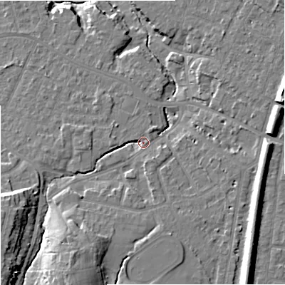 Shaded relief map of the ground around SK84NQ, computed from Environment Agency LiDAR. The ground here sits at about 39 m above sea level and falls 19 m across the surrounding 800 m. Surface water reaching this point runs off ground lying to the south-south-west, 12.3 m higher.