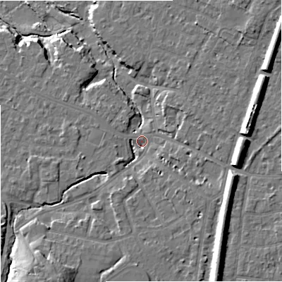 Shaded relief map of the ground around SK84NR, computed from Environment Agency LiDAR. The ground here sits at about 38 m above sea level and falls 18 m across the surrounding 800 m. Surface water reaching this point runs off ground lying to the south-west, 12.6 m higher.