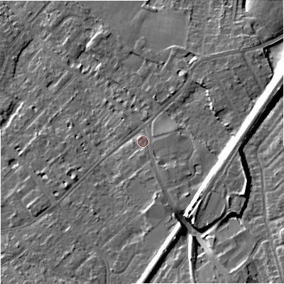 Shaded relief map of the ground around SK85AE, computed from Environment Agency LiDAR. The ground here sits at about 63 m above sea level and falls 18 m across the surrounding 800 m. Surface water reaching this point runs off ground lying to the south, 1.9 m higher.