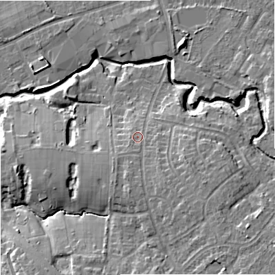 Shaded relief map of the ground around SK85HX, computed from Environment Agency LiDAR. The ground here sits at about 52 m above sea level and falls 15 m across the surrounding 800 m. Surface water reaching this point runs off ground lying to the south-east, 3.9 m higher.