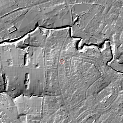 Shaded relief map of the ground around SK85HY, computed from Environment Agency LiDAR. The ground here sits at about 52 m above sea level and falls 16 m across the surrounding 800 m. Surface water reaching this point runs off ground lying to the south-south-east, 4.0 m higher.