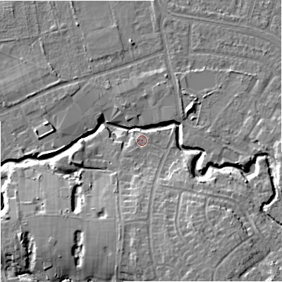 Shaded relief map of the ground around SK85HZ, computed from Environment Agency LiDAR. The ground here sits at about 47 m above sea level and falls 14 m across the surrounding 800 m. Surface water reaching this point runs off ground lying to the south-west, 2.3 m higher.