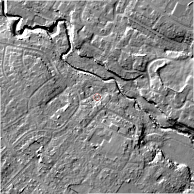 Shaded relief map of the ground around SK85JT, computed from Environment Agency LiDAR. The ground here sits at about 51 m above sea level and falls 16 m across the surrounding 800 m. Surface water reaching this point runs off ground lying to the south-west, 6.2 m higher.