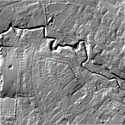 Shaded relief map of the ground around SK85LB, computed from Environment Agency LiDAR. The ground here sits at about 52 m above sea level and falls 15 m across the surrounding 800 m. Surface water reaching this point runs off ground lying to the south, 5.4 m higher.