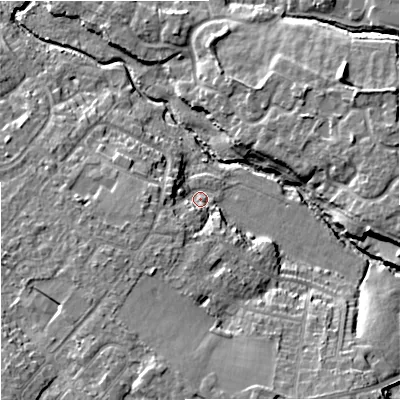 Shaded relief map of the ground around SK85NH, computed from Environment Agency LiDAR. The ground here sits at about 52 m above sea level and falls 14 m across the surrounding 800 m. Surface water reaching this point runs off ground lying to the west-south-west, 7.5 m higher.