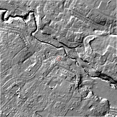Shaded relief map of the ground around SK85NN, computed from Environment Agency LiDAR. The ground here sits at about 51 m above sea level and falls 15 m across the surrounding 800 m. Surface water reaching this point runs off ground lying to the south-south-west, 4.0 m higher.