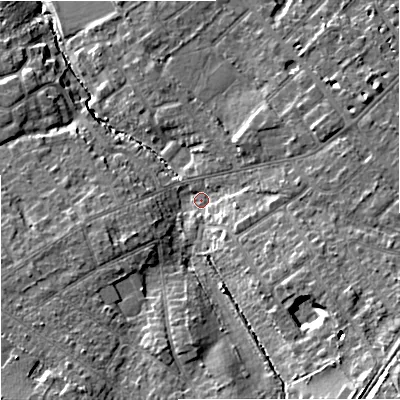 Shaded relief map of the ground around SK86AD, computed from Environment Agency LiDAR. The ground here sits at about 61 m above sea level and falls 19 m across the surrounding 800 m. Surface water reaching this point runs off ground lying to the south-east, 12.3 m higher.