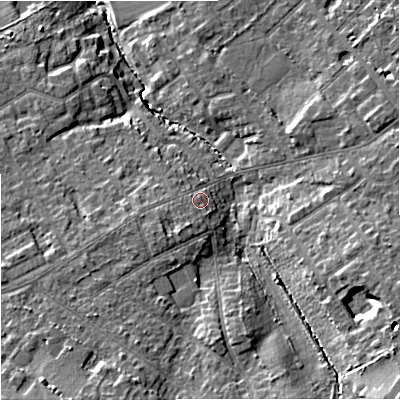Shaded relief map of the ground around SK86AE, computed from Environment Agency LiDAR. The ground here sits at about 64 m above sea level and falls 17 m across the surrounding 800 m. Surface water reaching this point runs off ground lying to the south-west, 3.7 m higher.