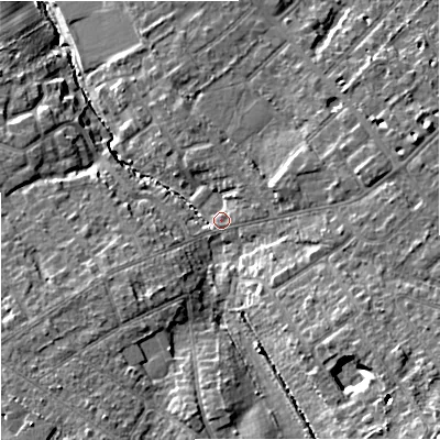 Shaded relief map of the ground around SK86AR, computed from Environment Agency LiDAR. The ground here sits at about 61 m above sea level and falls 18 m across the surrounding 800 m. Surface water reaching this point runs off ground lying to the east-north-east, 2.6 m higher.