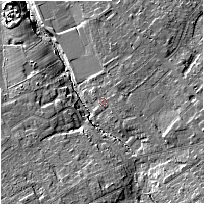 Shaded relief map of the ground around SK86BD, computed from Environment Agency LiDAR. The ground here sits at about 61 m above sea level and falls 17 m across the surrounding 800 m. Surface water reaching this point runs off ground lying to the east-south-east, 4.5 m higher.