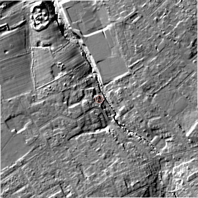 Shaded relief map of the ground around SK86DR, computed from Environment Agency LiDAR. The ground here sits at about 59 m above sea level and falls 15 m across the surrounding 800 m. Surface water reaching this point runs off ground lying to the south-south-east, 10.1 m higher.