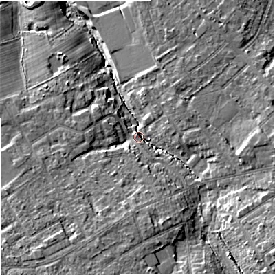 Shaded relief map of the ground around SK86DW, computed from Environment Agency LiDAR. The ground here sits at about 60 m above sea level and falls 15 m across the surrounding 800 m. Surface water reaching this point runs off ground lying to the south-south-west, 6.5 m higher.