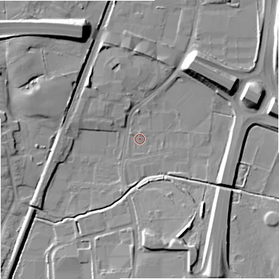 Shaded relief map of the ground around SK86GN, computed from Environment Agency LiDAR. The ground here sits at about 74 m above sea level and falls 13 m across the surrounding 800 m. Surface water reaching this point runs off ground lying to the north-east, 11.0 m higher.