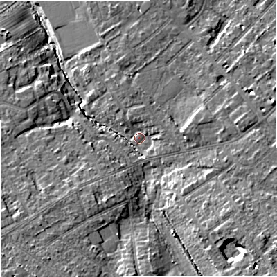 Shaded relief map of the ground around SK86GR, computed from Environment Agency LiDAR. The ground here sits at about 61 m above sea level and falls 16 m across the surrounding 800 m. Surface water reaching this point runs off ground lying to the east-south-east, 2.8 m higher.