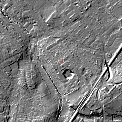 Shaded relief map of the ground around SK86HL, computed from Environment Agency LiDAR. The ground here sits at about 67 m above sea level and falls 19 m across the surrounding 800 m. Surface water reaching this point runs off ground lying to the east-south-east, 1.4 m higher.